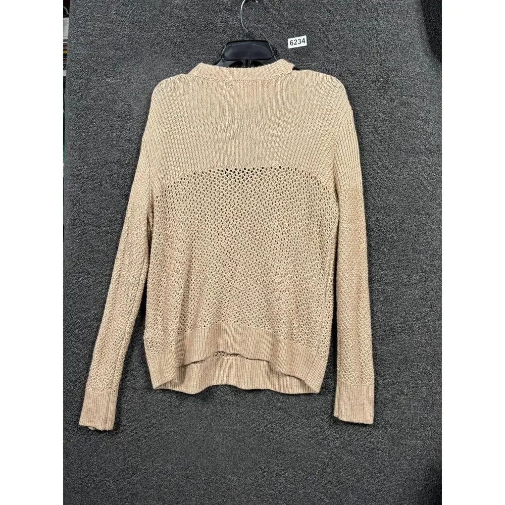 Lucky Brand Sweater Womens Large Tan Open Knit V Neck Mock Neck Cutout Pullover